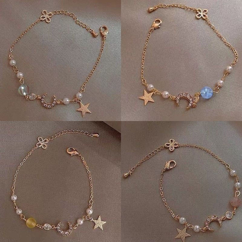 Vòng tay nữ đính zircon phối hạt ngọc trai mặt trăng sao đơn giản thời trang phong cách Hàn Quốc