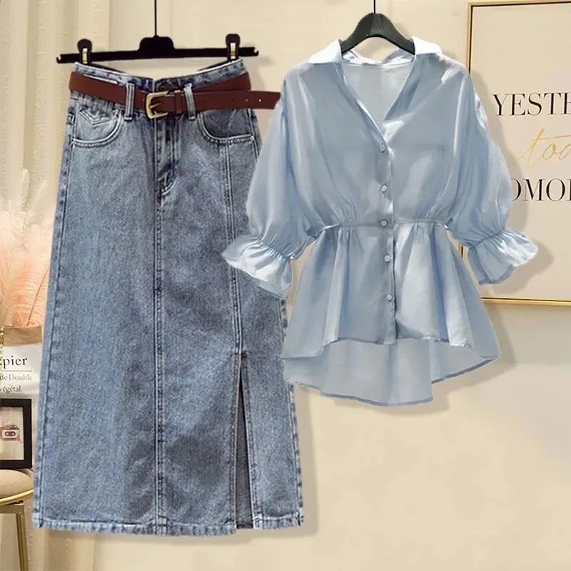 Set Áo Sơ Mi Phối Chân váy jean Cỡ Lớn Thời Trang Mùa Thu 2022 Mới Cho Nữ