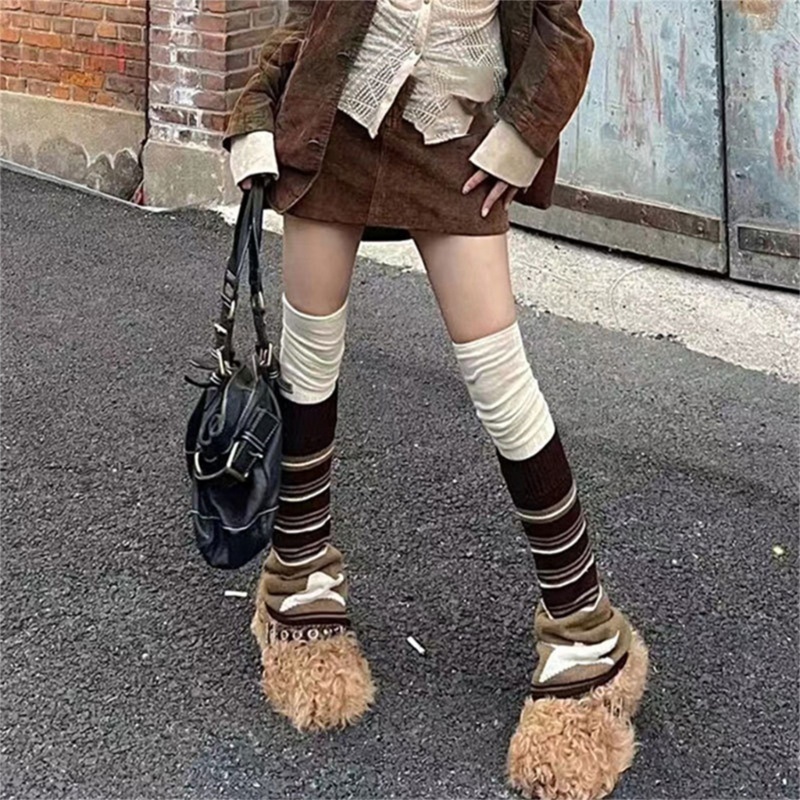 Brroa Vớ Dệt Kim Cao Đến Đầu Gối Họa Tiết Kẻ Sọc Khối Màu Gothic Giữ Ấm Chân Cho Nữ