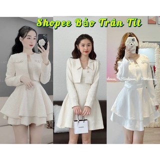Set đầm 2 dây trắng dạ xoè kèm khoác croptop dạ