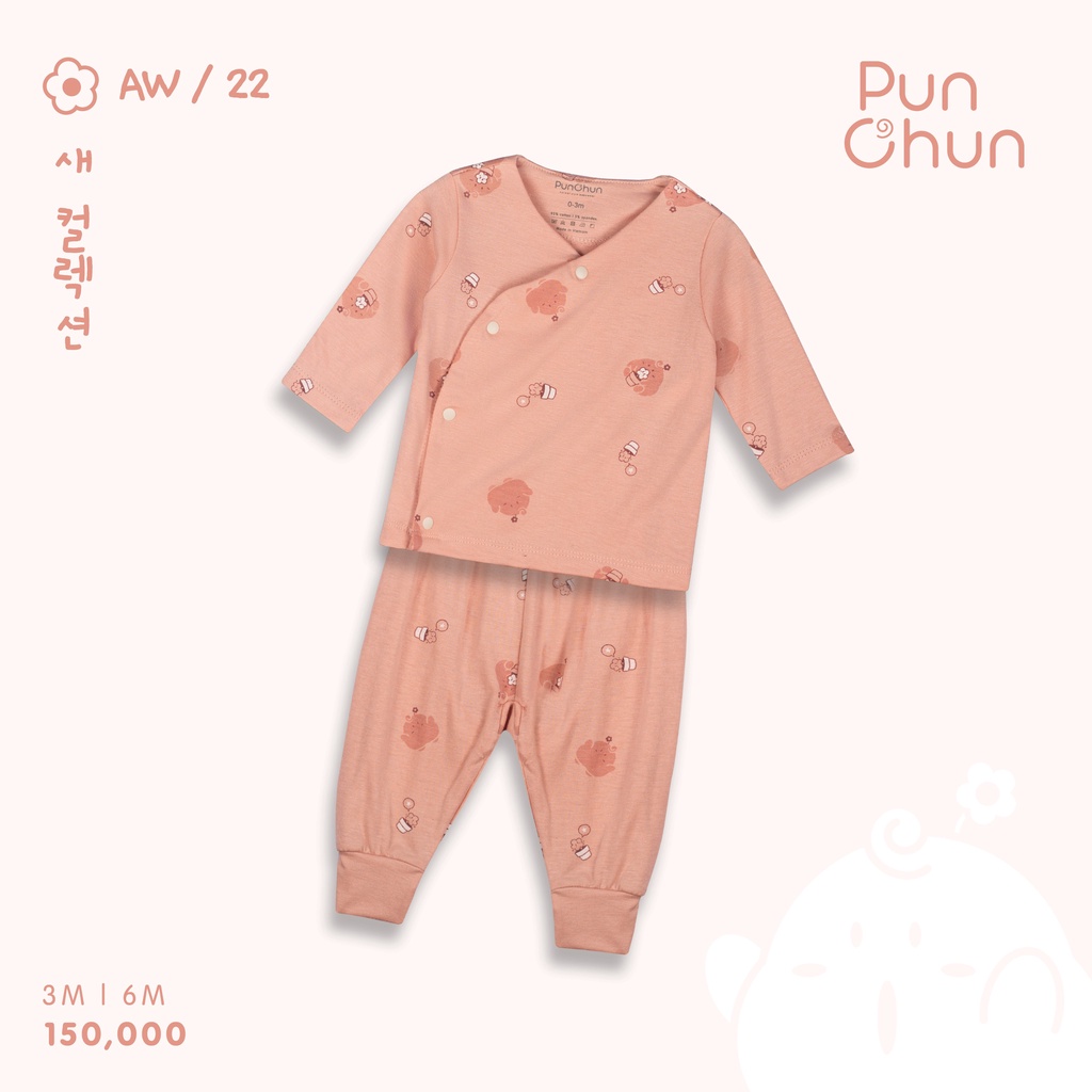 Bộ quần áo dài cúc chéo Punchun in tràn hồng