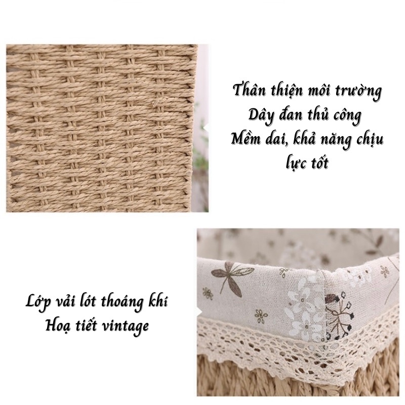Giỏ cói lót vải hoa nhí đựng đồ mỹ phẩm, phụ kiện, đi picnic, giỏ mây decor trang trí nhà cửa phong cách vintage