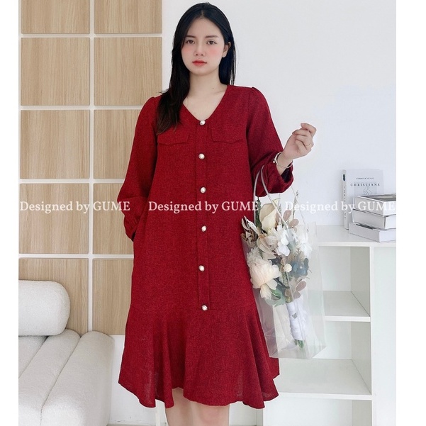Váy Bầu Thu Đông - Đầm Bầu GUME màu DẠ TĂM CAO CẤP màu đỏ dáng đuôi cá dài tay 40-120KG- MB270