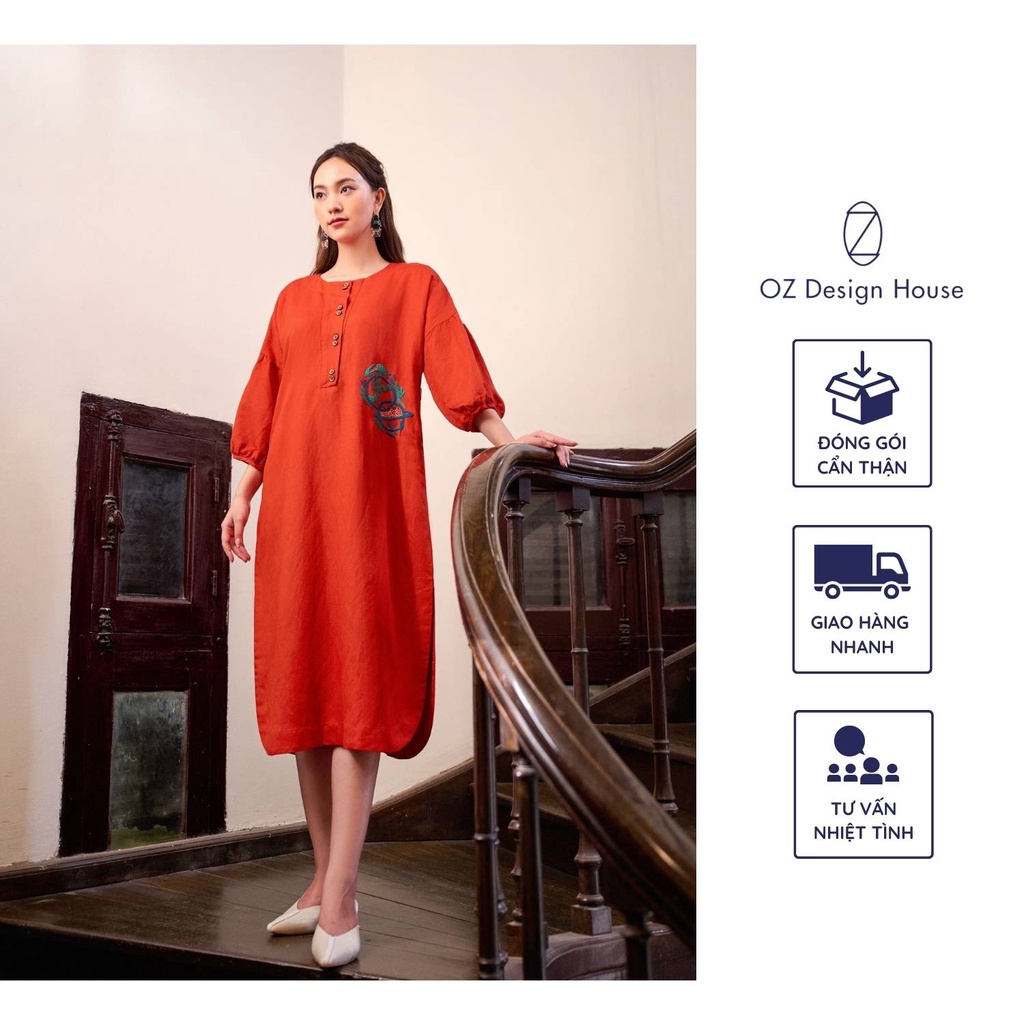 Đầm nữ công sở OZ Design House DA06201AUT22 linen lụa cổ tròn bổ trụ tay rút nhún thêu hoa cách điệu màu cam