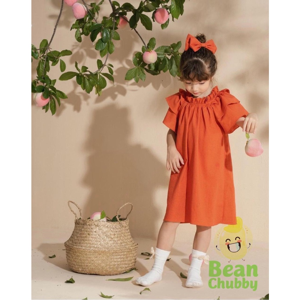 Váy đầm linen cam tay bèo dáng chữ A dành cho bé gái