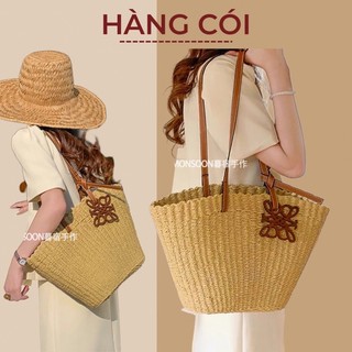 Túi cói đi biển quai da tag gỗ hoạ tiết độc đáo-Hàng Cói