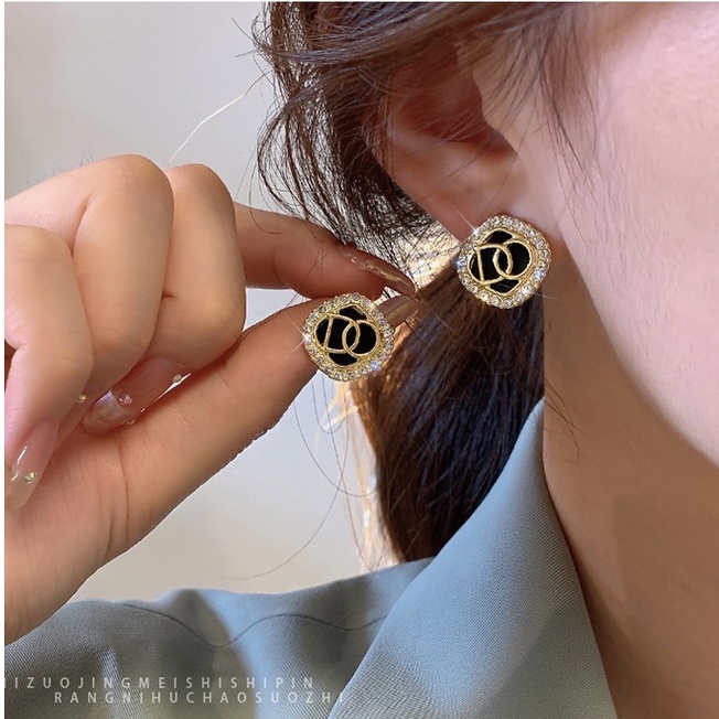 Bông Tai Mạ Bạc 925 Đính Ngọc Trai Đen Phong Cách Hàn Quốc