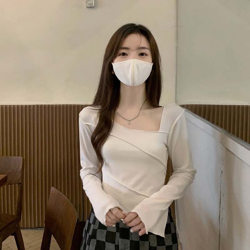 IELGY Áo Thun Tay Dài Cổ Vuông Dáng Ôm Thiết Kế Độc Đáo Thời Trang Cho Nữ