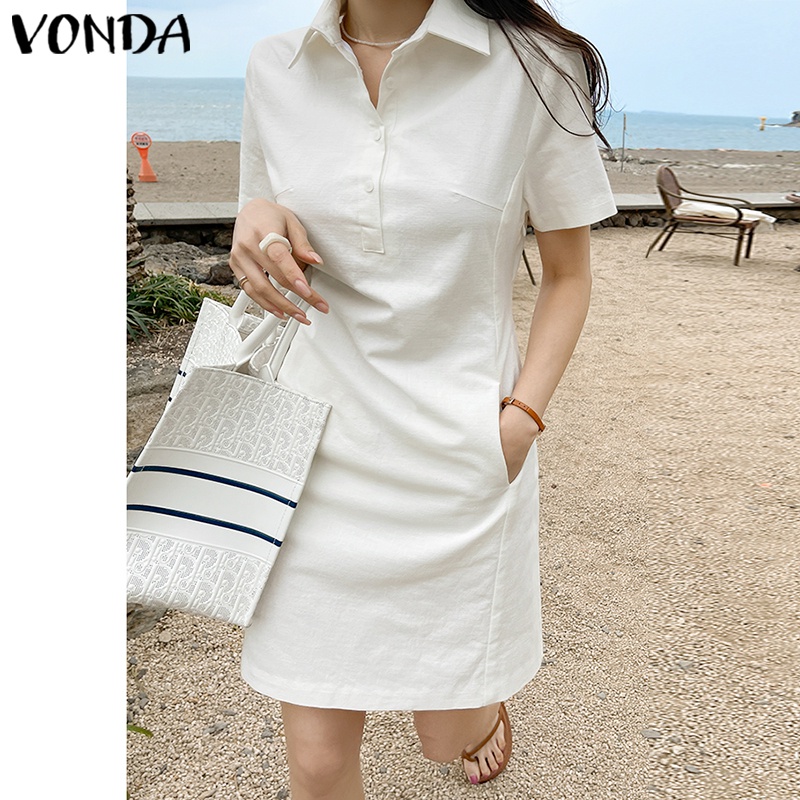Đầm mini VONDA tay ngắn cổ bẻ phối túi màu trơn phong cách Hàn Quốc thời trang mùa hè dành cho nữ