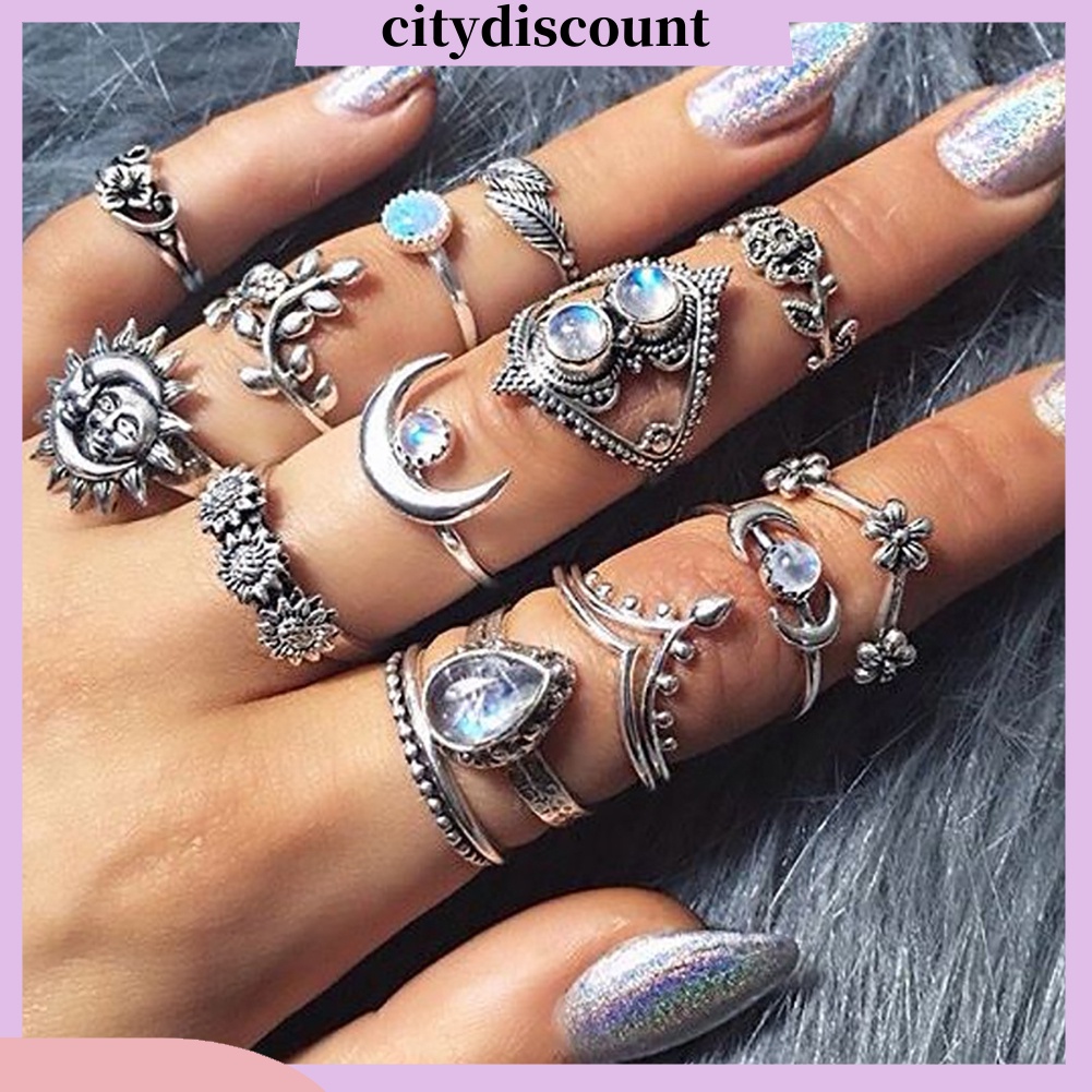 Bộ 14 nhẫn đốt tay vintage hình hoa hướng dương mặt trăng