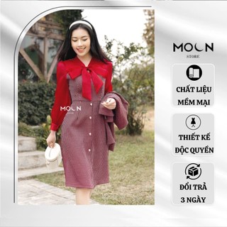 Váy dạ tweed tiểu thư dáng dài, đầm xòe công sở chữ a cổ thắt nơ đẹp MV223 Moon