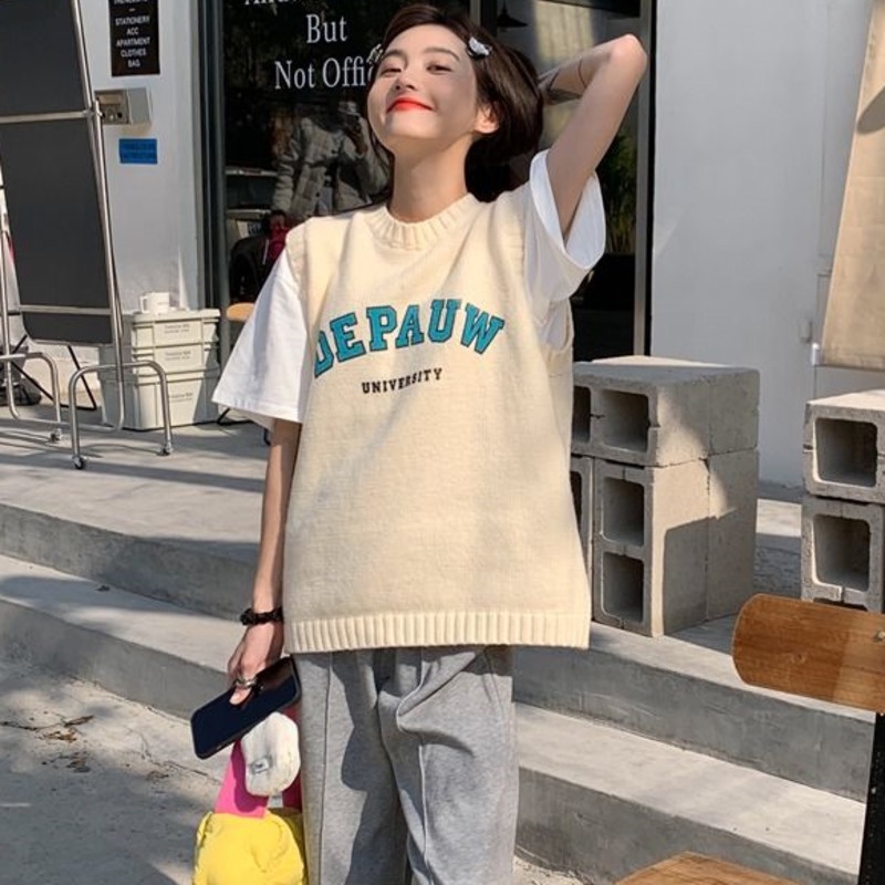 Áo Sweater Dệt Kim Không Tay In Chữ Phong Cách Preppy Thời Trang Mùa Thu Cho Nữ