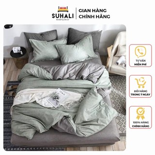 Bộ chăn ga giường cotton poly phối màu Suhali Shop, vỏ chăn mền, drap nệm và 2 vỏ gối