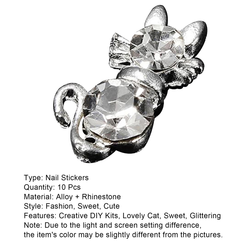 Bộ 10 Miếng Dán Móng Tay Hình Mèo Đính Đá Lấp Lánh Dễ Thương