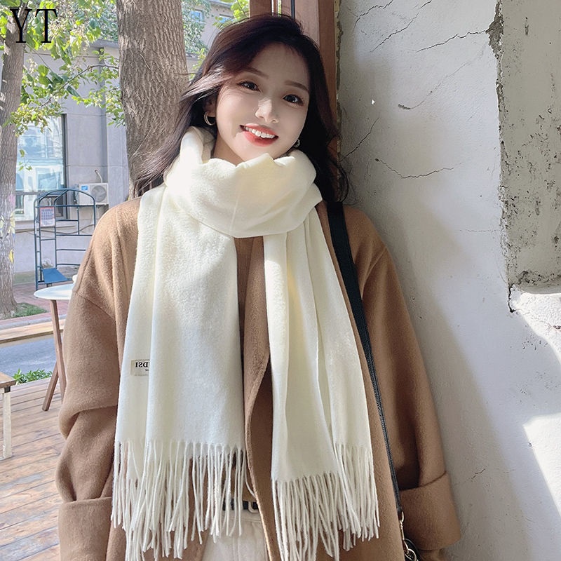 Khăn Choàng Cổ Vải Cashmere Cao Cấp Dày Dặn Màu Trắng Sữa Dễ Phối Đồ Phong Cách Nhật Bản
