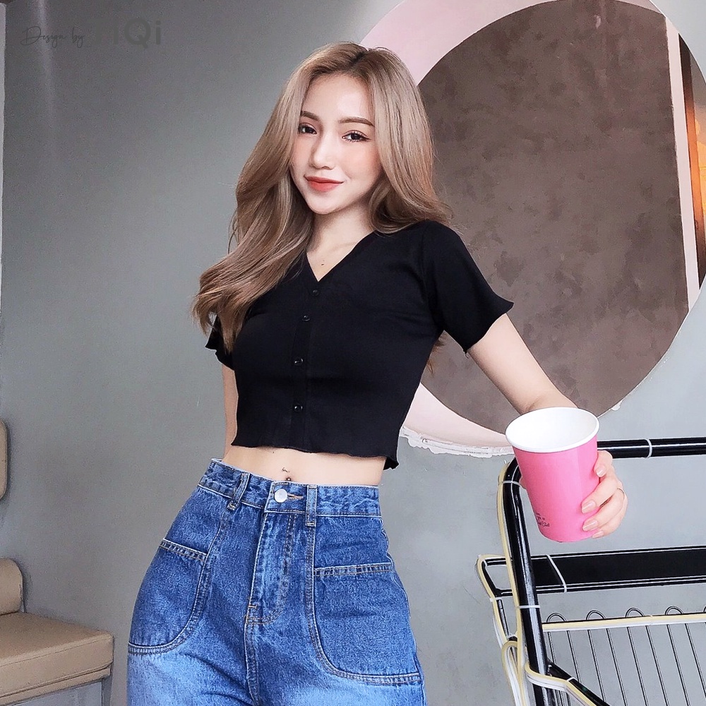 Áo croptop thun tay ngắn cổ tròn nút giữa nhiều màu TiQi Jeans A102