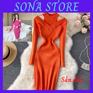 Váy body len cổ yếm trễ vai dài tay đầm ôm nữ sexy gợi cảm sang chảnh tiểu thư bánh bèo cute hàng quảng châu cao cấp