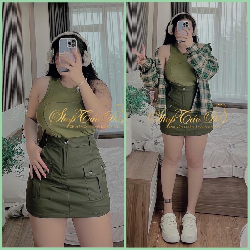 Set 3 món áo 3 lỗ croptop phối cùng sơ mi caro và chân váy