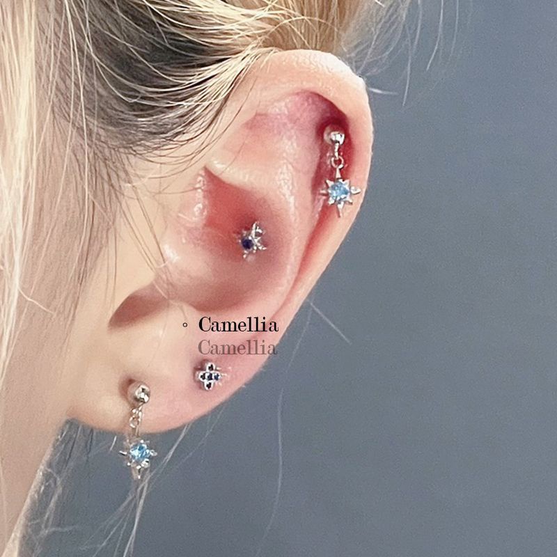 Khuyên Tai Đính Đá Hình Ngôi Sao Nhỏ Màu Xanh Dương Sáng Bóng ~ Bằng Bạc sterling Cá Tính Khi Ngủ