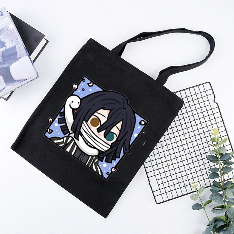 Túi tote vải đen trắng in hình KIMETSU NO YAIBA Thanh Gươm Diệt Quỷ ver CHIBI VUÔNG anime chibi tiện lợi thời trang