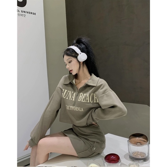 Set bộ Laguna beach dài tay khoá kéo phối chân váy túi hộp thu đông