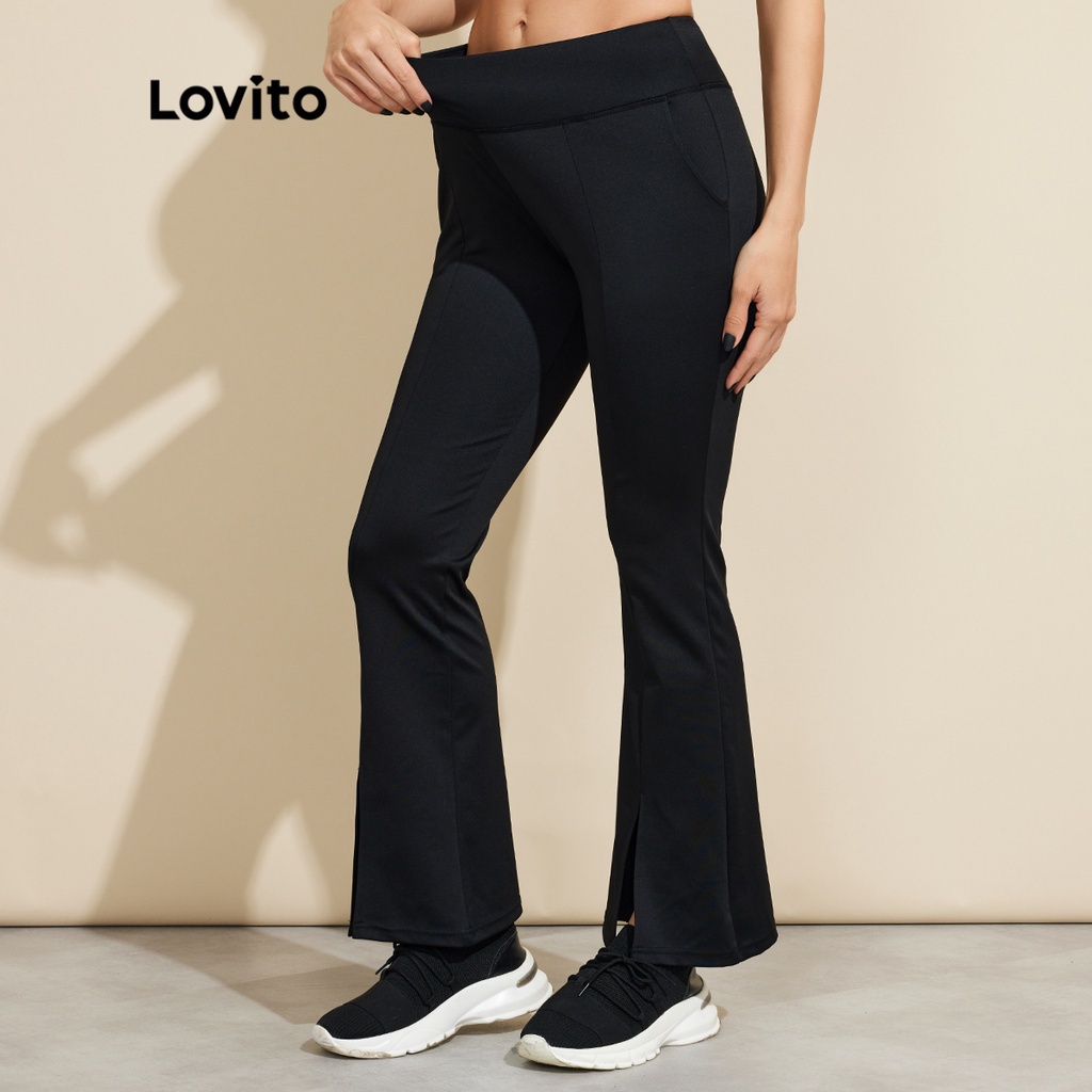 Quần ống loe Lovito màu trơn xẻ tà phía trước có túi vải nhanh khô phong cách thể thao L18X540 (Màu đen)