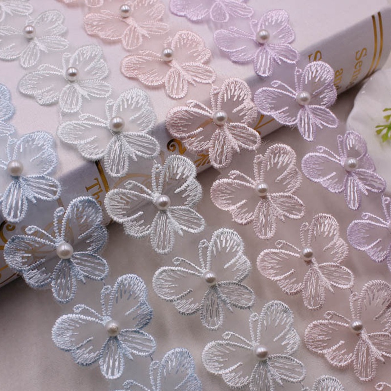 Set 10 Miếng Vải Ren Thêu Hình Hoa Và Bướm Đính Ngọc Trai Dùng May Rèm / Trang Trí Quần Áo DIY