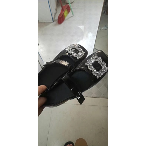 Giày búp bê đính đá cài quai dán phong cách Vintage đế thấp