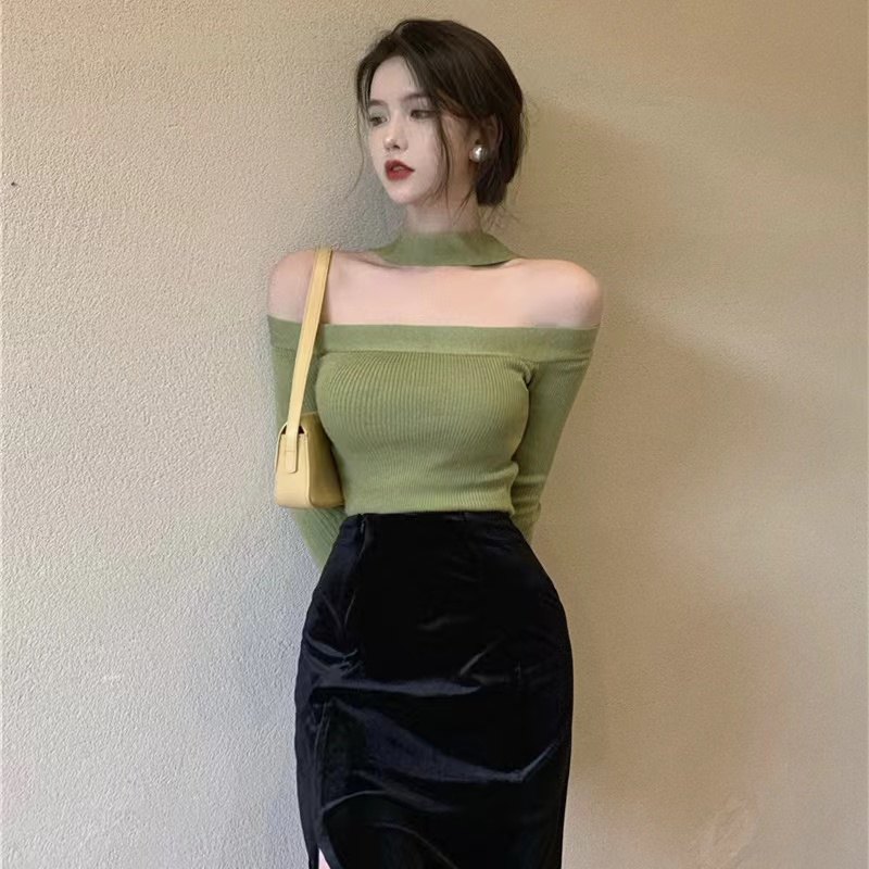Áo dệt kim SUXI trễ vai dáng ôm phong cách vintage thời trang mùa thu quyến rũ cho nữ