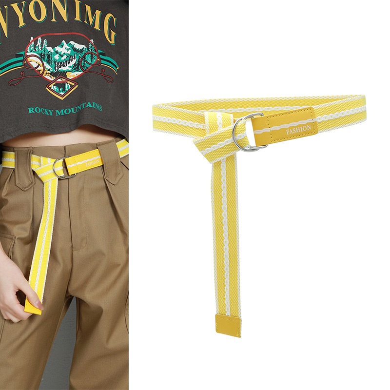 Thắt Lưng Vải Canvas Hai Vòng Khóa Dài Kẻ Sọc Màu Sắc Tương Phản Nghệ Thuật Cho Nữ