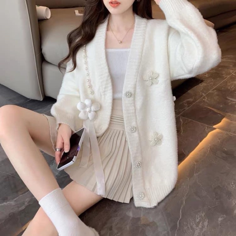 Áo cadigan lông thỏ kèm tag hoa ngọc