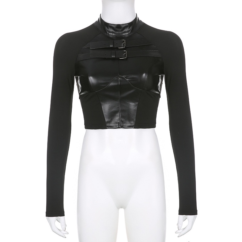 Áo Tay Dài Cổ Cao Bằng PU Có Khóa Cài Cho Nữ