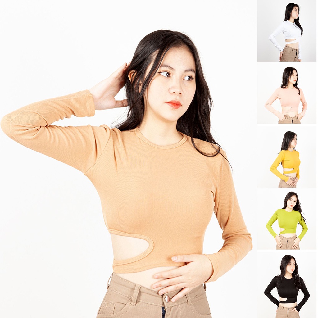 Áo thun croptop nữ tay dài ôm khoét eo vải cotton mềm mịn siêu tôn dáng