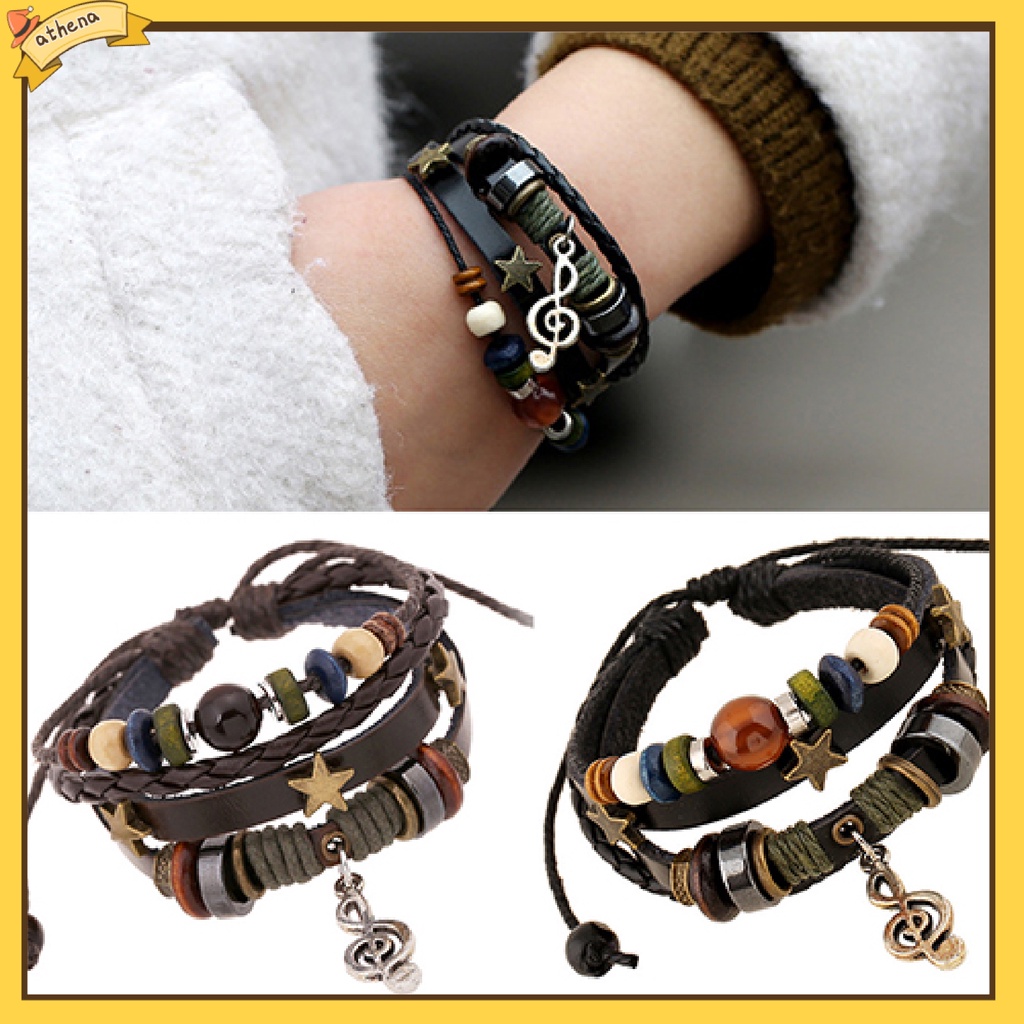 Vòng tay da phối hạt kiểu dáng thời trang thanh lịch cho nam và nữ