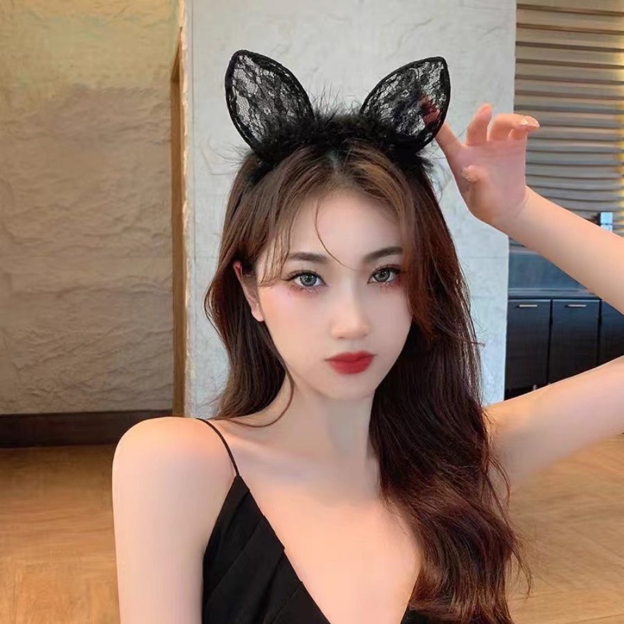 Băng Đô Cài Tóc Tai Mèo Phối Ren Lông Nhung Dễ Thương Xinh Xắn