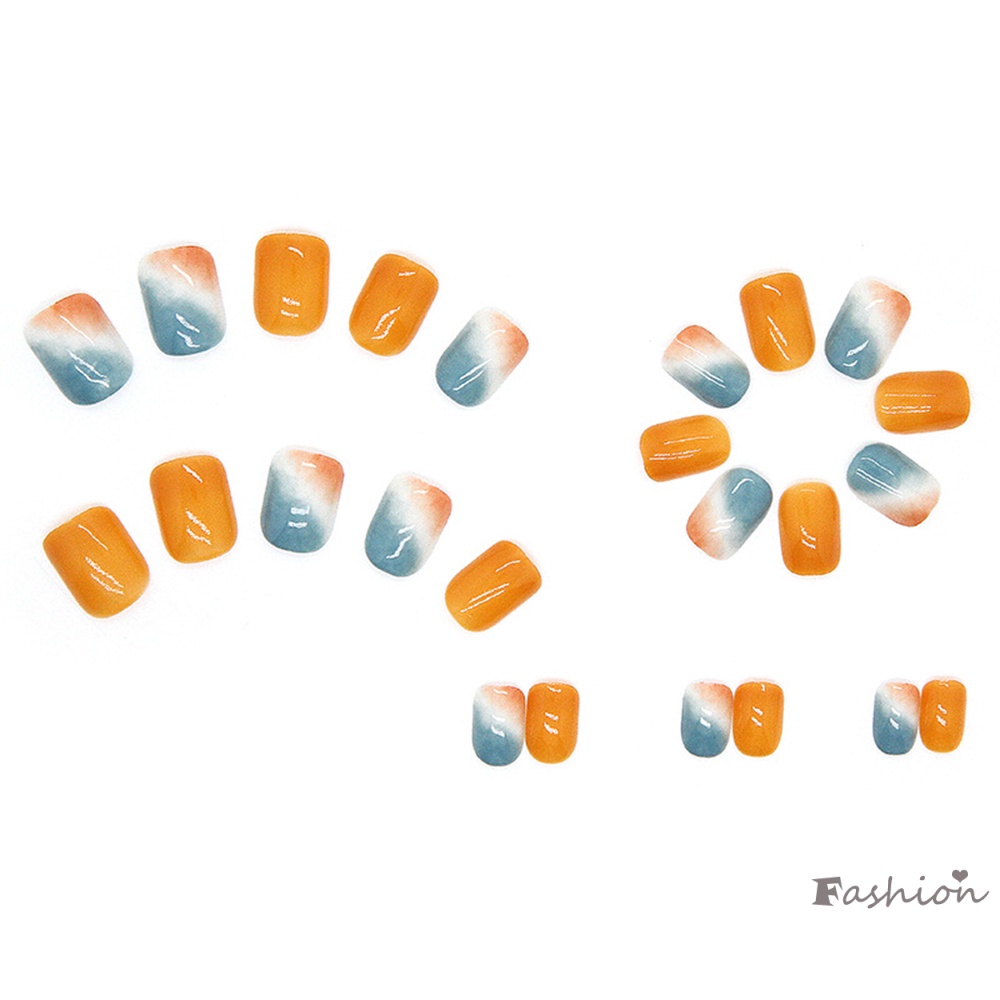 Bộ 24 Móng Chân Giả Ngắn Màu Cam / Xanh Dương Bóng Dễ Xé Không Rơi Trang Trí Móng Tay DIY Phong Cách Pháp Cho Nữ Và Phụ Nữ