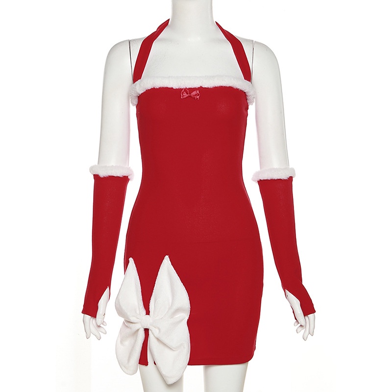 Đầm giáng sinh KLIOU đính nơ màu trắng cảm giác giống thật cho nữ