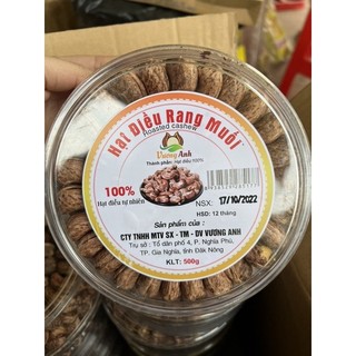 Hạt điều rang muối Vương Anh, 100% hạt điều tự nhiên, 500g hộp tròn xếp hoa.