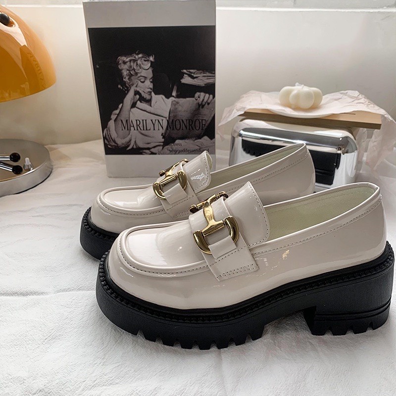 Giày lười loafer lolita da PU cao cấp, Giày búp bê nữ mary jane đế cao 5cm phong cách ulzzang Hàn Quốc