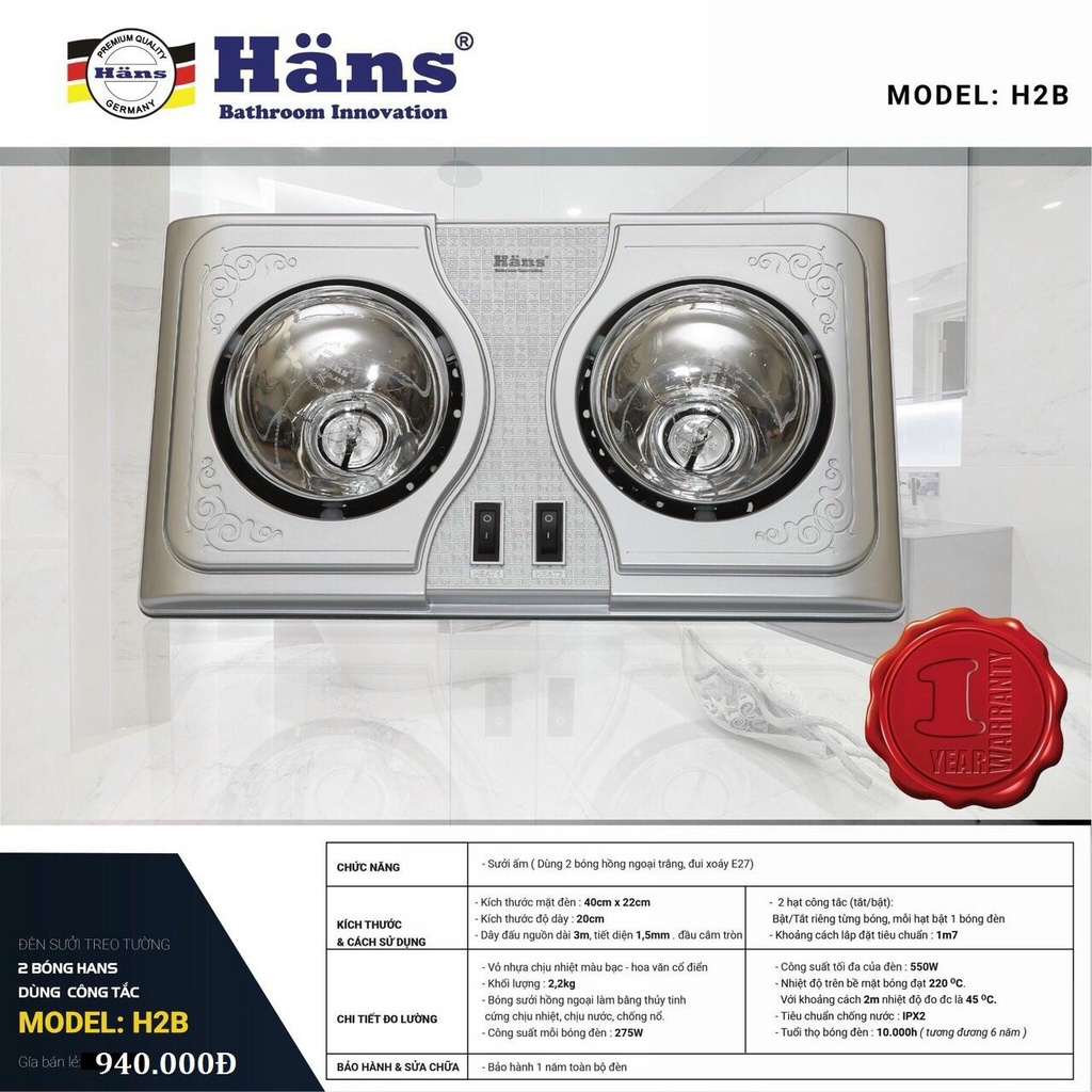 Đèn sưởi nhà tắm Hans 2 bóng trắng H2B