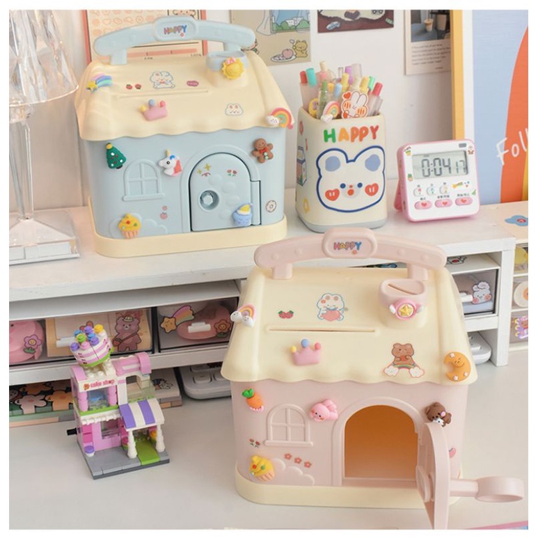 Đồ chơi cho bé hộp tiết kiệm tiền bằng nhựa có khóa, miếng dán trang trí, sticker siêu đáng yêu- Đồ chơi cho trẻ NS Kids