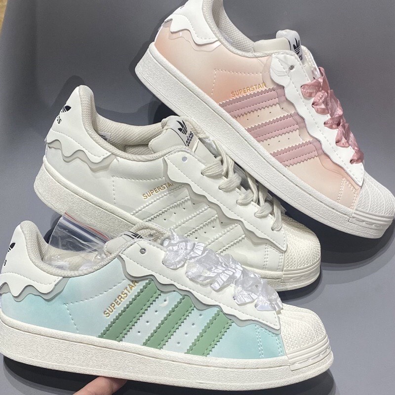 Giày thể thao mẫu mới 2022 Adidas Superstar hồng, adidas sò xanh, das sò trắng 3 sọc dành cho nữ full box bill