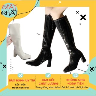 Giày Bốt đùi nữ khoá cạnh chất da bóng mũi nhọn, Bốt nữ cổ cao đế 7p 2 màu trắng đen mẫu hot thời trang
