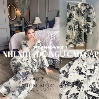 Bộ pijama tay lỡ cánh dơi hoạ tiết đen cao cấp