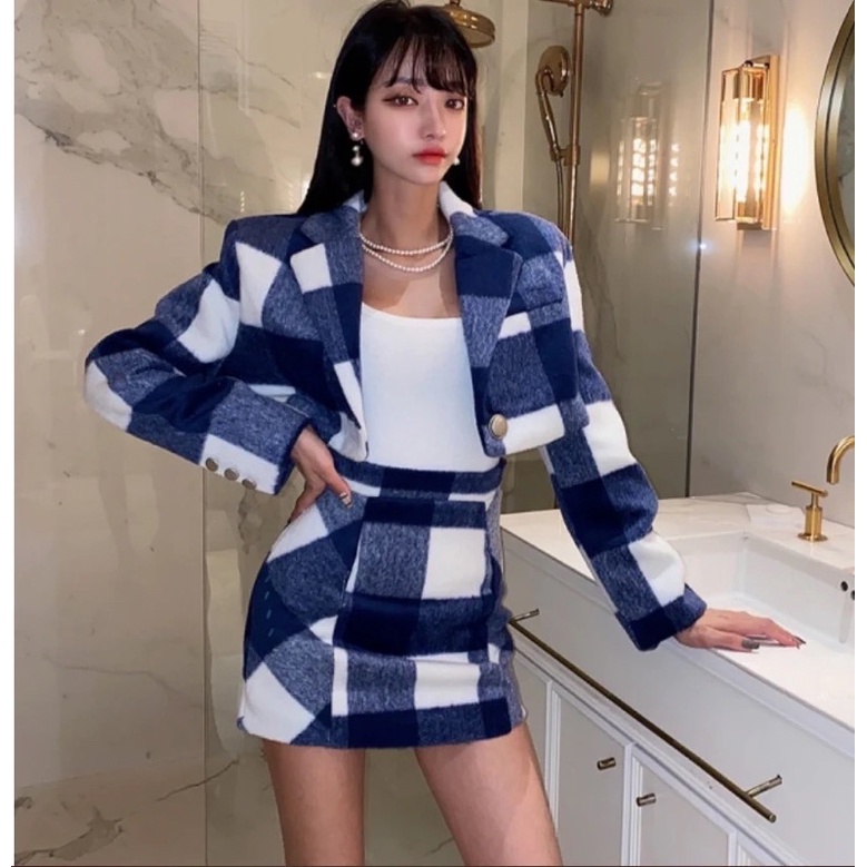Set áo khoác dạ nỉ kèm chân váy ca rô vuông xanh Navy thanh lịch phong cách ulzzang SAM SAM BOUTIQUE