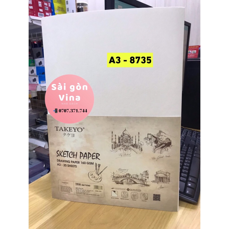 Xấp 20 Tờ Giấy Vẽ A3 - A4 Takeyo, Giấy Vẽ Màu Nước Định Lượng 100gsm/160gsm