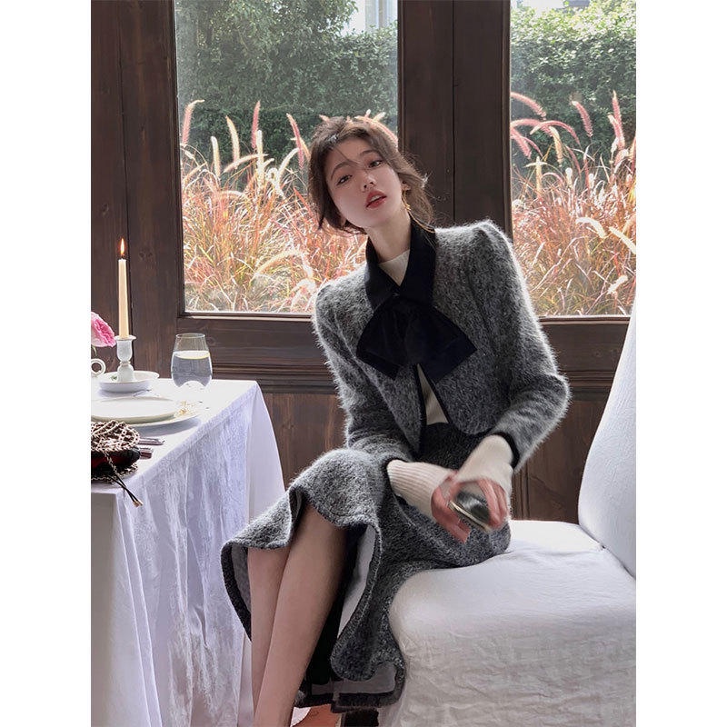 Set Đồ Nữ Sang Chảnh Áo Vest Dạ Nữ Croptop Khoác Ngoài, Chân Váy Đuôi Cá Dáng Dài Qua Gối Kiểu Hàn Quốc Thu Đông SD111