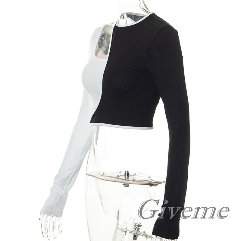 Áo Thun Lửng Tay Dài Cổ Tròn Màu Sắc Tương Phản Thời Trang Cho Nữ