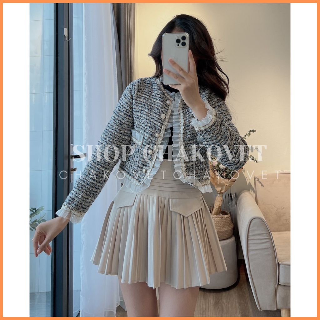 Áo Dạ Tweed Kẻ Xanh Dáng Ngắn Cao Cấp A8486 Áo Khoác Dạ Kẻ Caro Cúc Ngọc Phối Viền Voan Siêu Sang Chảnh - CHAKOVET
