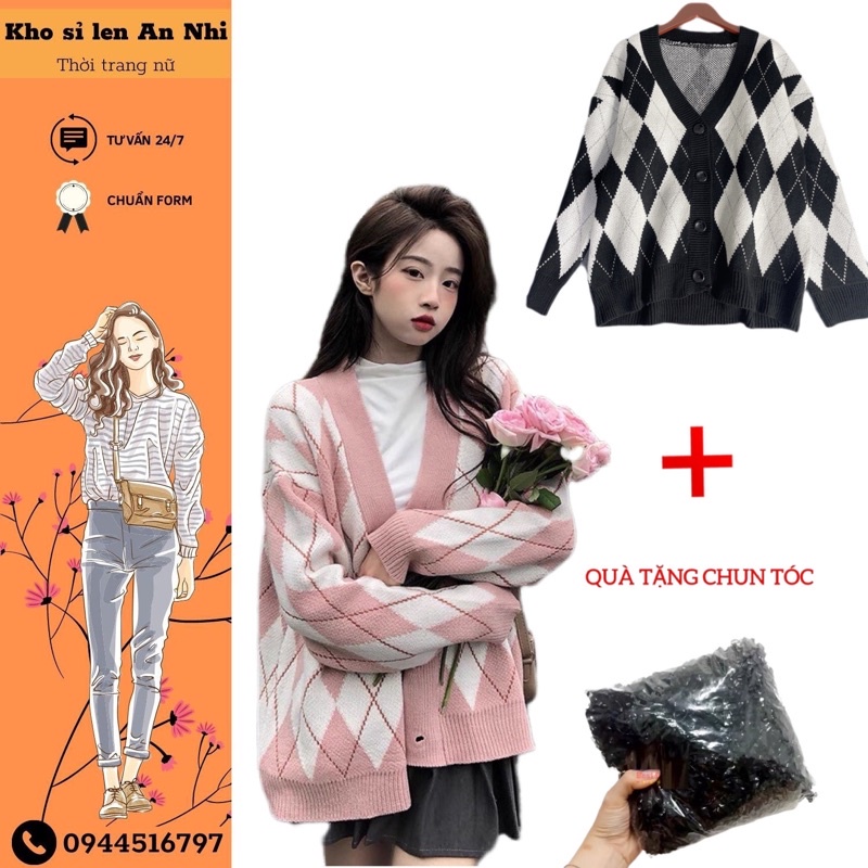 Áo khoác len cardigan nữ họa tiết kẻ sọc kim cương phong cách Hàn Quốc ảnh thật 100%